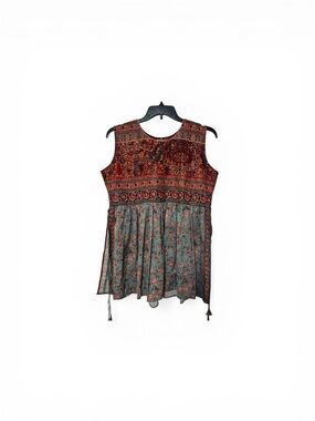 Sleeveless Boho Tunic Top XXL Red Teal Floral Sheer Overlay